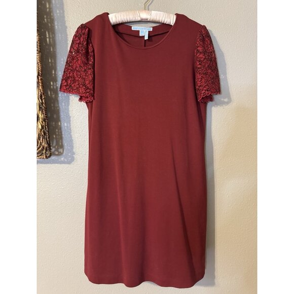 Draper James Dress Medium Burgundy Ponte Lace Puff Sleeves Washable - Picture 12 of 13